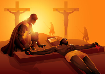 Biblical vector illustration series. Way of the Cross or Stations of the Cross, eleventh station, Jesus is Nailed To The Cross.