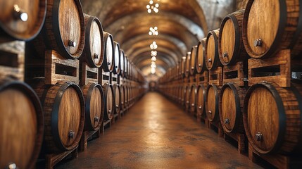 Rows of wooden barrels in a dimly lit wine cellar, showcasing the aging process and atmosphere