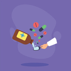Hand in white coat pouring liquid from medicine bottle into spoon. Colorful pills of various shapes surrounding bowl against purple background