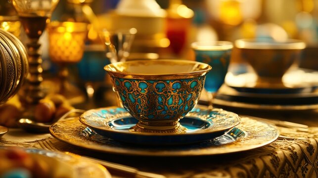 Ornate teacup, golden tableware, candlelit setting, opulent background, menu design
