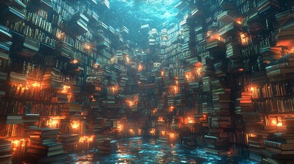 Enchanting underwater library; glowing books; fantasy; education; background; book cover