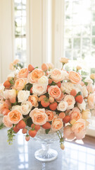 A beautiful vase filled with a delightful arrangement of fresh flowers and ripe strawberries placed elegantly on a table