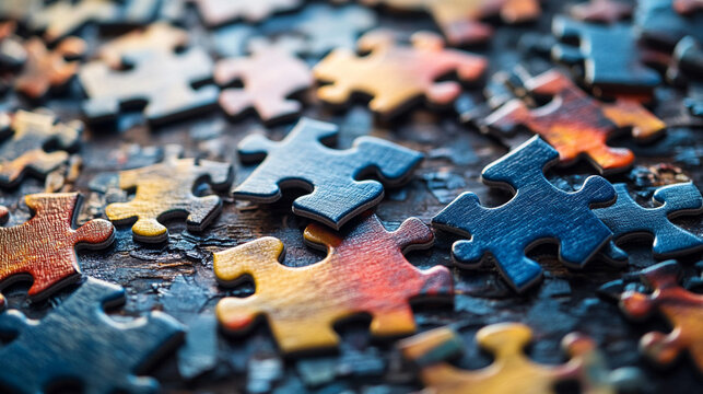 Scattered jigsaw puzzle pieces in various shades of blue arranged on a textured wooden surface, symbolizing problem-solving, creativity, and cognitive challenges