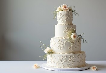 Fototapeta premium Timeless Wedding Cake: Elegant White Frosting, Delicate Floral Design. High-Resolution Photo, Minimalist Background & Romantic Atmosphere. 