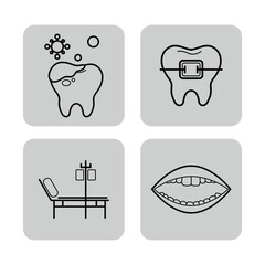 Line icons related to dental health. Tooth, dental brace, treatment chair, and mouth. Oral care concept