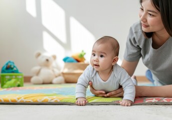 Obraz premium Asian mother and infant playtime on colorful mat in sunlit nursery room