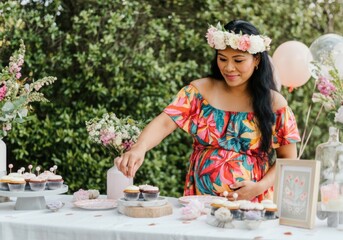 Pregnant Pacific Islander woman decorating outdoor baby shower dessert table with cupcakes and floral decor