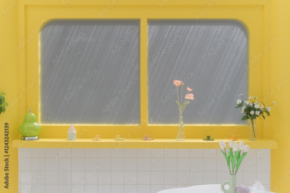 Poster bright yellow interior features window with soft light, showcasing decorative flowers and colorful objects on shelf