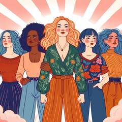 Six confident women of different backgrounds stand united, showcasing empowerment and diversity