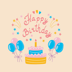 Happy birthday card vector illustration with cake and balloons. Birthday greeting card vector concept.