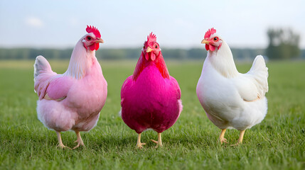 Fototapeta premium Three hens, pink and white, pasture, farm