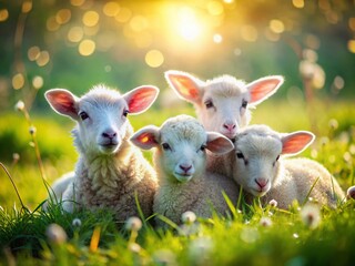Fototapeta premium Adorable Spring Baby Animals: Lambs & Bunnies with Bokeh Easter Background