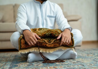 Muslim man sitting cross-legged holding prayer rug and tasbih in living room