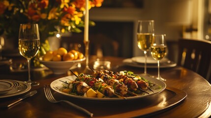 Elegant Chicken Skewers Dinner, Romantic Setting