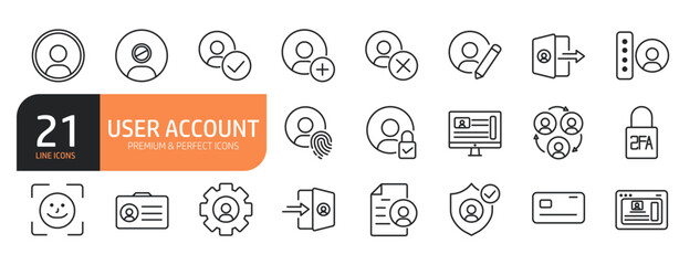 Set of line icons related to profile, username, login, password, credit card and more. Outline icons collection. Editable stroke. Vector illustration.