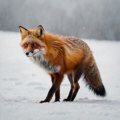 Obraz premium A vivid red fox with glowing eyes and a bushy tail, standing confidently on a pure white background.