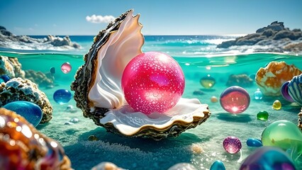 Oyster with pink pearl, sea orbs. For jewelry, ocean designs, luxury, book covers. 
