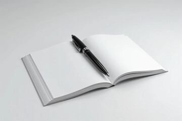A Sleek Black Pen with Silver Accents Resting Diagonally on a Blank Notebook – Minimalist Composition with Soft Shadows, Glossy Finish, and a Professional Aesthetic