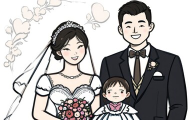 Obraz premium A drawing of a family with a mother, father, and daughter in a modern line icon style, with bold colors on a white background.