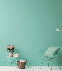 Minimalist living room with a teal wall. a wire chair with a teal cushion. a plant on a side table. and a wicker basket