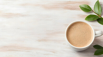 Morning coffee cup on rustic wood, leaves, calm background, ideal for menu or blog