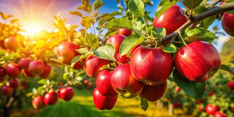 Aerial Drone Shot of Red Apples Hanging on a Branch, Autumn Harvest