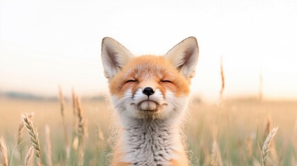 Happy fox kit in field at sunset; nature image