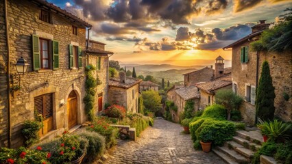 Golden Hour Serenity A Picturesque Village Street at Sunset, Bathed in Warm Light, Featuring Charming Stone Houses, Lush Greenery, and a Cobblestone Pathway Leading to Rolling Hills