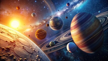 Aerial Drone View of 3D Solar System Model with Planets - Astronomy Education