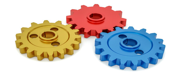 Three gears of different colors - one is gold one is red,