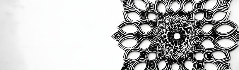 Intricate black and white mandala design with symmetrical patterns and a minimalist background