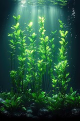 Fototapeta premium Underwater Green Plants Illuminated by Sunlight