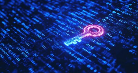 Glowing key on top of a digital binary code background, code lines, code flow, flowchart programming, data flow, Code Visualization