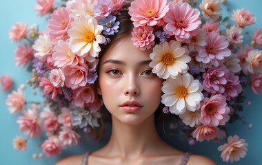 A woman with long, flowing hair adorned with colorful flowers