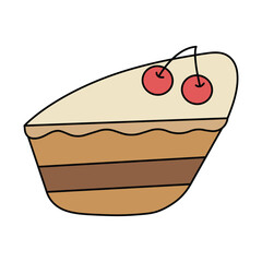 Vector illustration of a piece of cake with cream and cherries on a white background.