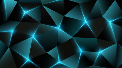 Obraz premium Dark low poly background. Abstract geometric metal backdrop, triangle. Concept of innovation. Sparkling light through shining lines. Cyan blue triangles background. Polygonal design. Vector