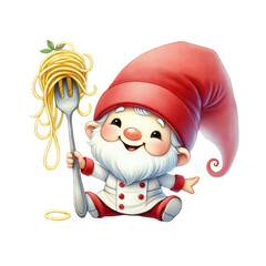 A cheerful gnome holds a fork with spaghetti, wearing a red hat and a charming outfit, exuding a playful and whimsical vibe.