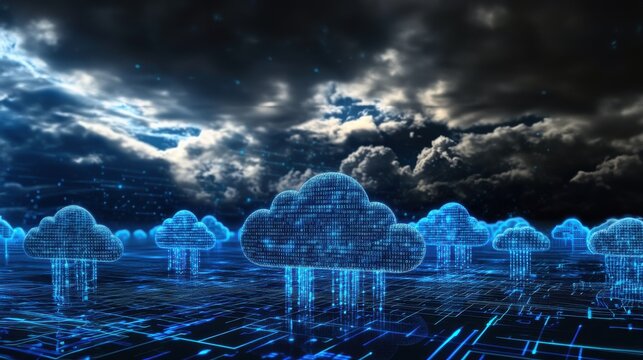 3D digital clouds with binary code flowing from them, code lines, code flow, flowchart programming, data flow, Code Visualization