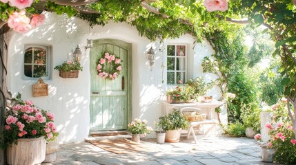 Naklejka premium Relaxing and romantic cottage garden scene showing masses of beautiful english pink climbing roses in summer sunshine. 