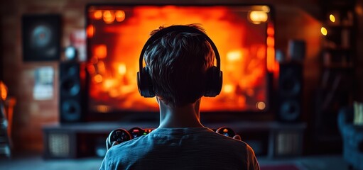 Obraz premium A realistic photo of a boy playing video games on a large TV screen, with a headset and a gaming controller in his hands.