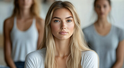 An attractive blonde woman with long hair stands out while framed by her friends, creating a relaxed and candid atmosphere indoors