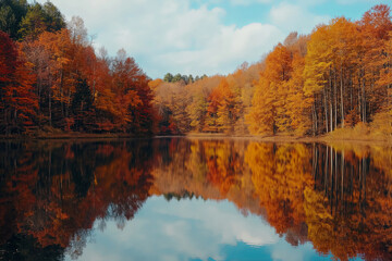 Fototapeta premium A perfectly symmetrical, mirrored lake surrounded by autumn-colored trees