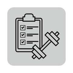 Fototapeta premium Health checklist and weight lifting icon of fitness tracking. Clipboard with checkboxes, symbolizing goal setting and progress in physical activity