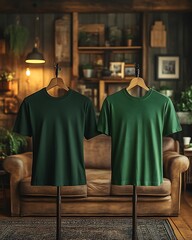 Naklejka premium Two dark green t-shirts on wooden hangers.