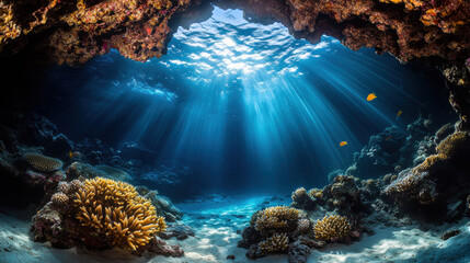 Obraz premium A tranquil underwater grotto bathed in celestial light, vibrant coral structures accentuating the cave's rugged textures, luminous water shimmering with reflections