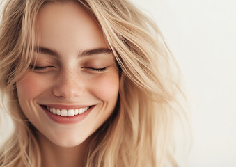 Naklejka premium Beautiful young blonde woman with radiant smile and closed eyes expressing happiness, natural beauty and self-care concept with soft lighting on neutral white background