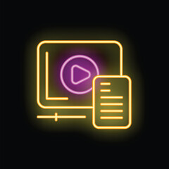 Neon icon of online video player displaying playlist on monitor glowing on black background
