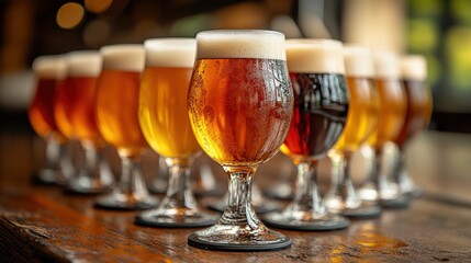 A row of various craft beers in elegant glasses, showcasing colors and foam, in a cozy bar setting