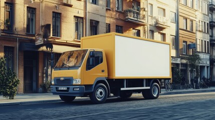 Delivery truck parked along the street in an urban setting with residential buildings and clear sky, showcasing everyday logistics and urban life