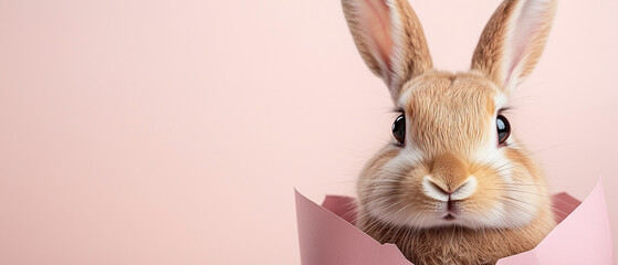 Adorable light brown rabbit peeking out of pink paper with cute surprised expression on soft pastel pink background, studio animal photography for easter, pet lovers and nature enthusiasts